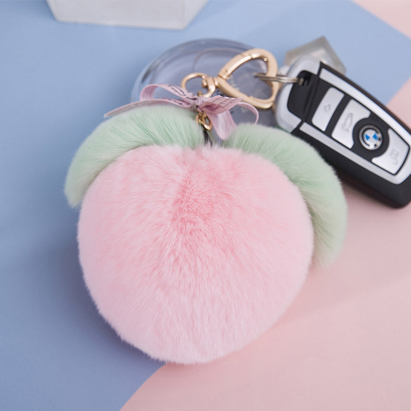 CUTE REAL RABBIT FUR PEACH KEYCHAIN