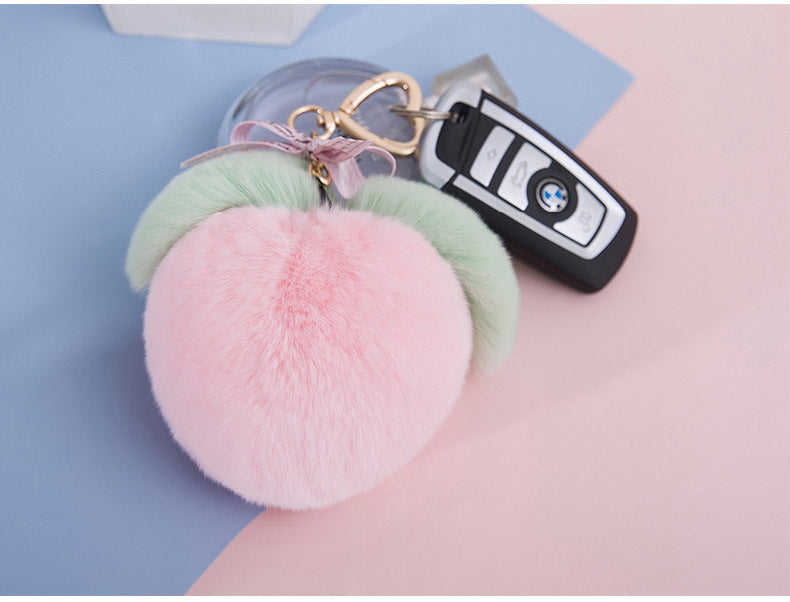 CUTE REAL RABBIT FUR PEACH KEYCHAIN