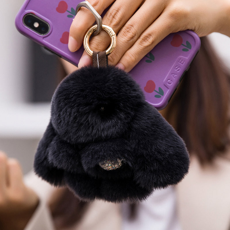 CUTE DIAMOND-ENCRUSTED REAL RABBIT FUR BUNNY CHARM