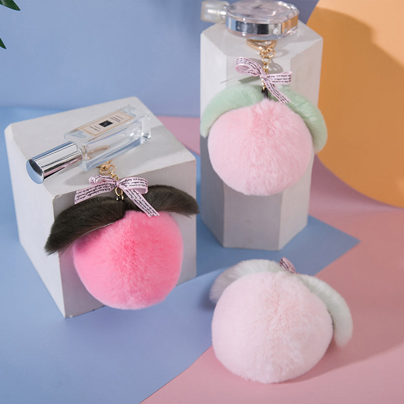CUTE REAL RABBIT FUR PEACH KEYCHAIN