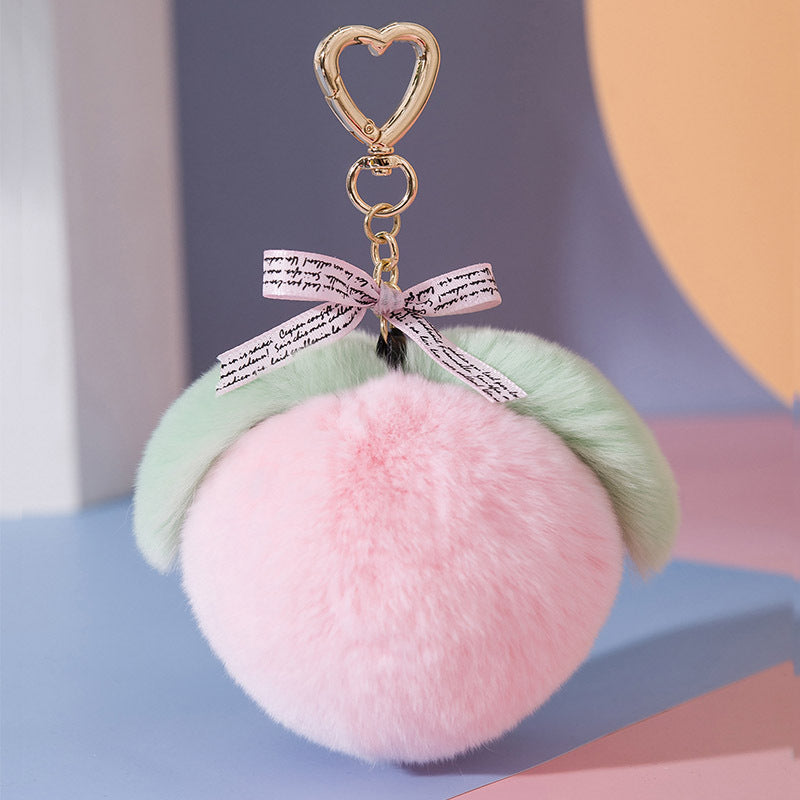 CUTE REAL RABBIT FUR PEACH KEYCHAIN