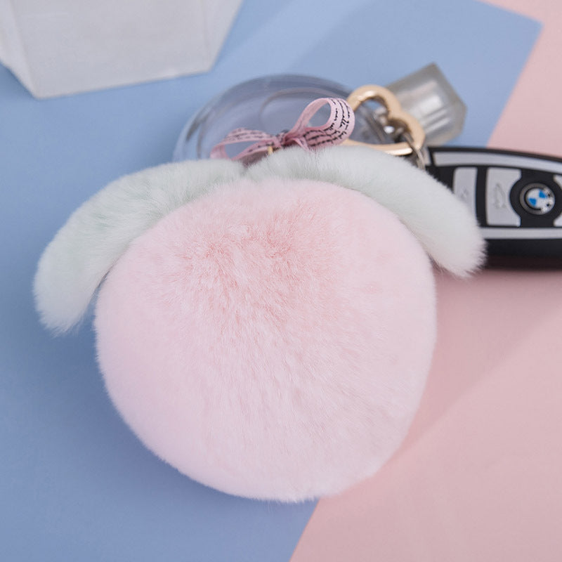 CUTE REAL RABBIT FUR PEACH KEYCHAIN