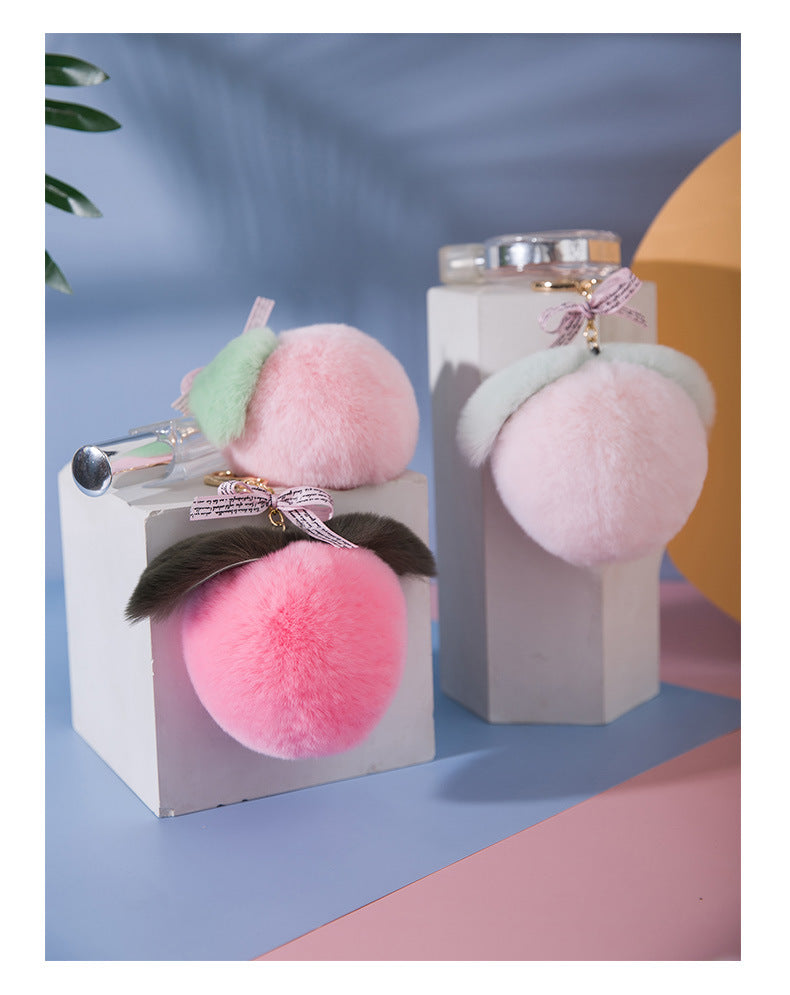 CUTE REAL RABBIT FUR PEACH KEYCHAIN