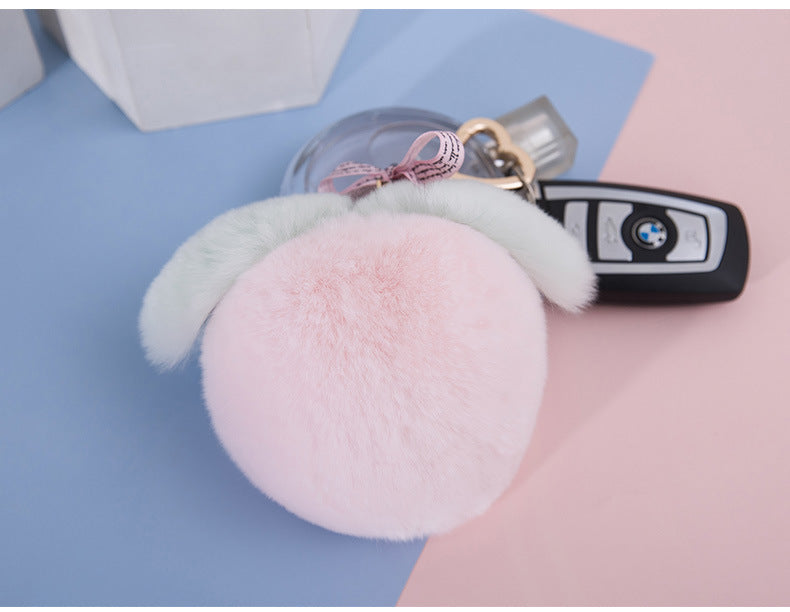 CUTE REAL RABBIT FUR PEACH KEYCHAIN