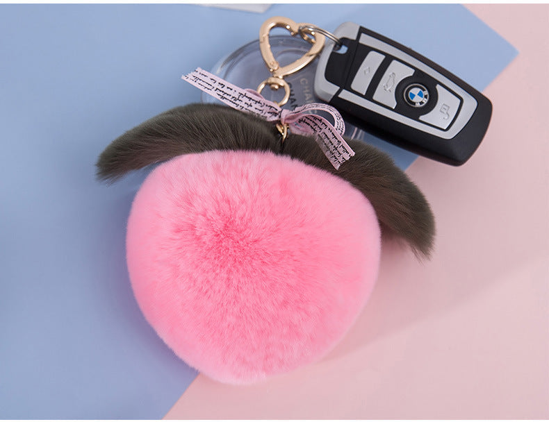CUTE REAL RABBIT FUR PEACH KEYCHAIN