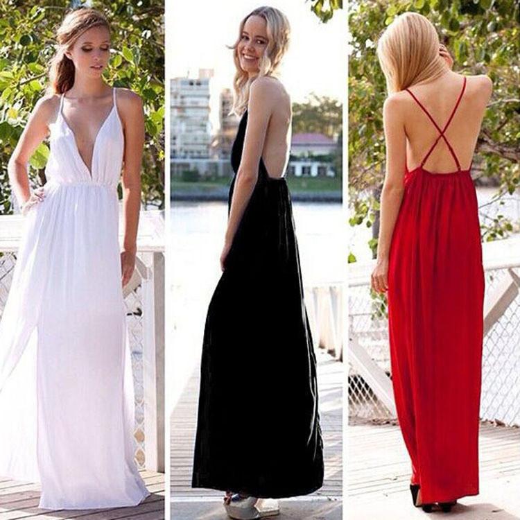 Deep V-neck Straps Split Backless Long Dress