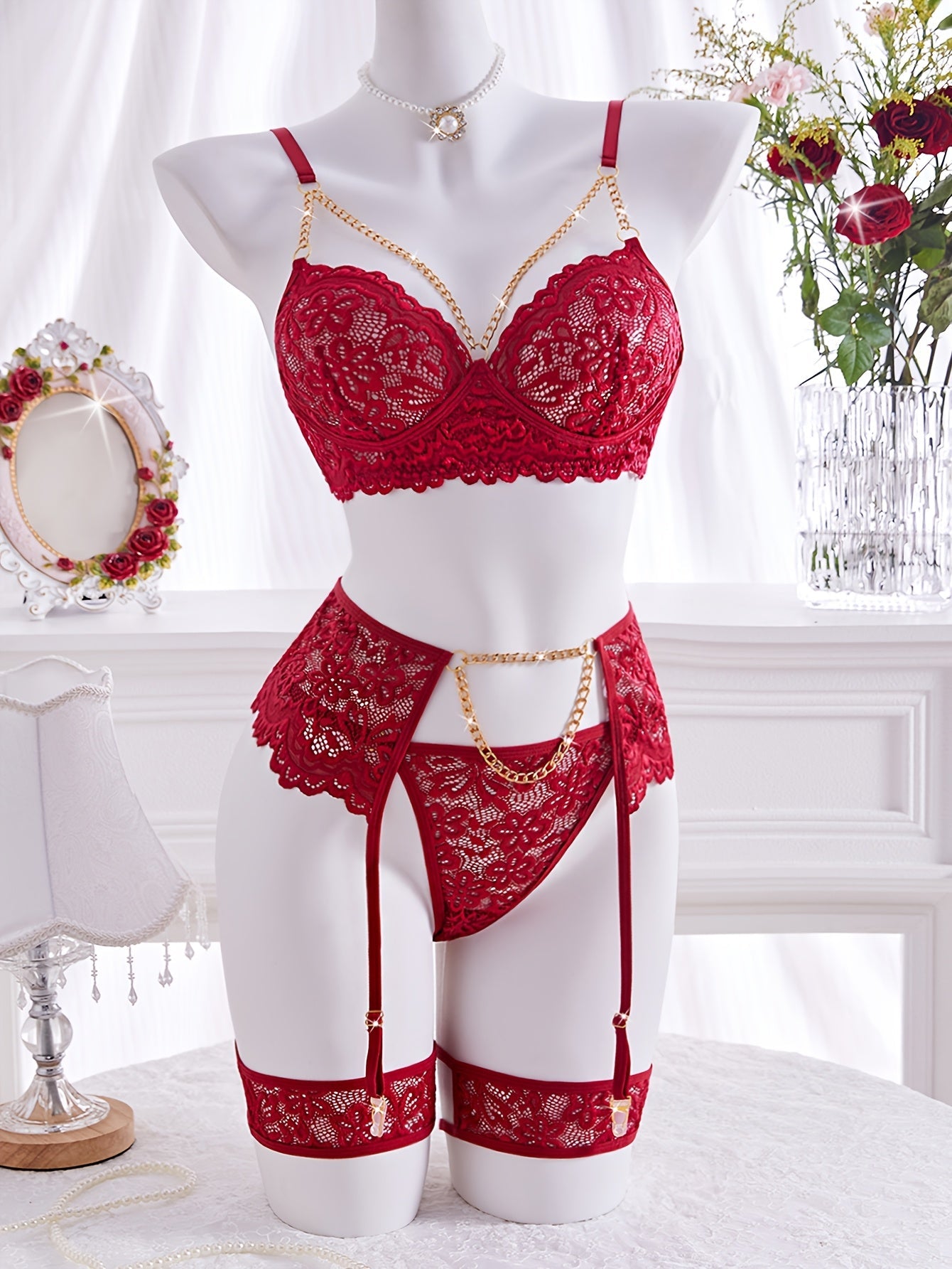5PCS SET SOLID COLOR FLORAL HOMEWEAR SET GOLDEN CHAIN HOLLOW HALF-TRANSPARENT BRA GARTER THONG PANTIES WOMEN'S FASHION HOMEWEAR SET