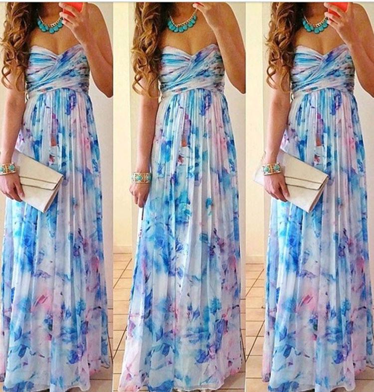 Off Shoulder Print Backless Sleeveless Long Dress