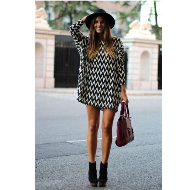 Stripe Loose Long Sleeve Short Dress