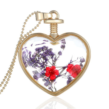 Flower Glass Heart Pendant Necklace