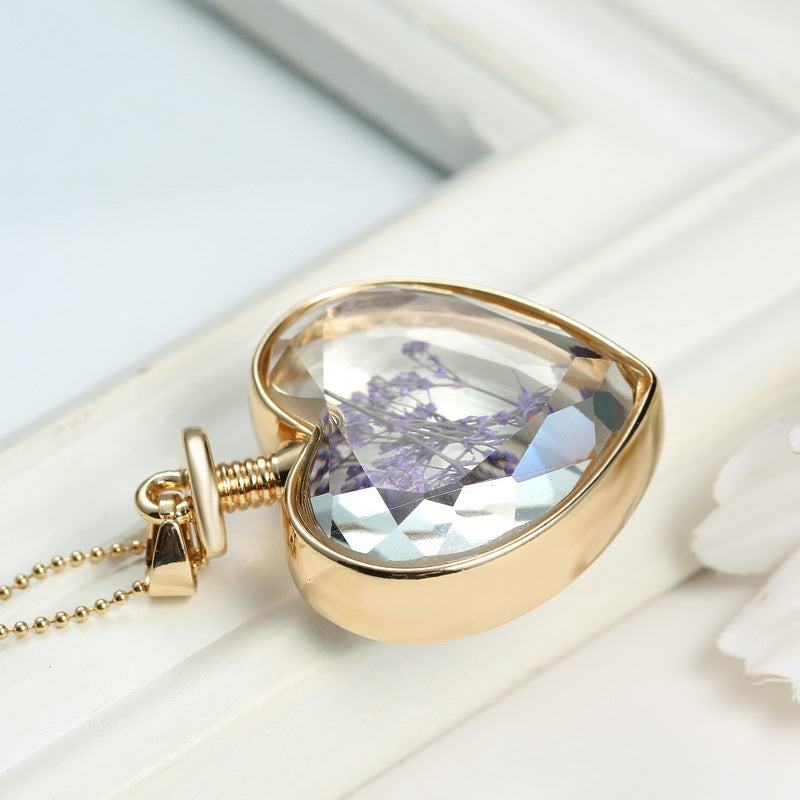 Flower Glass Heart Pendant Necklace