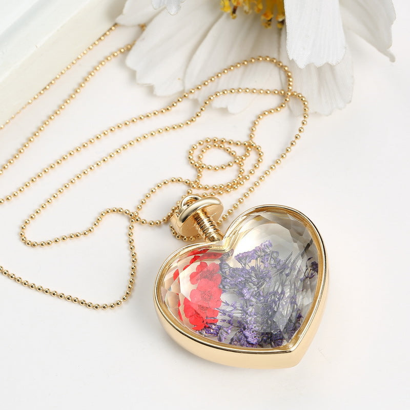 Flower Glass Heart Pendant Necklace