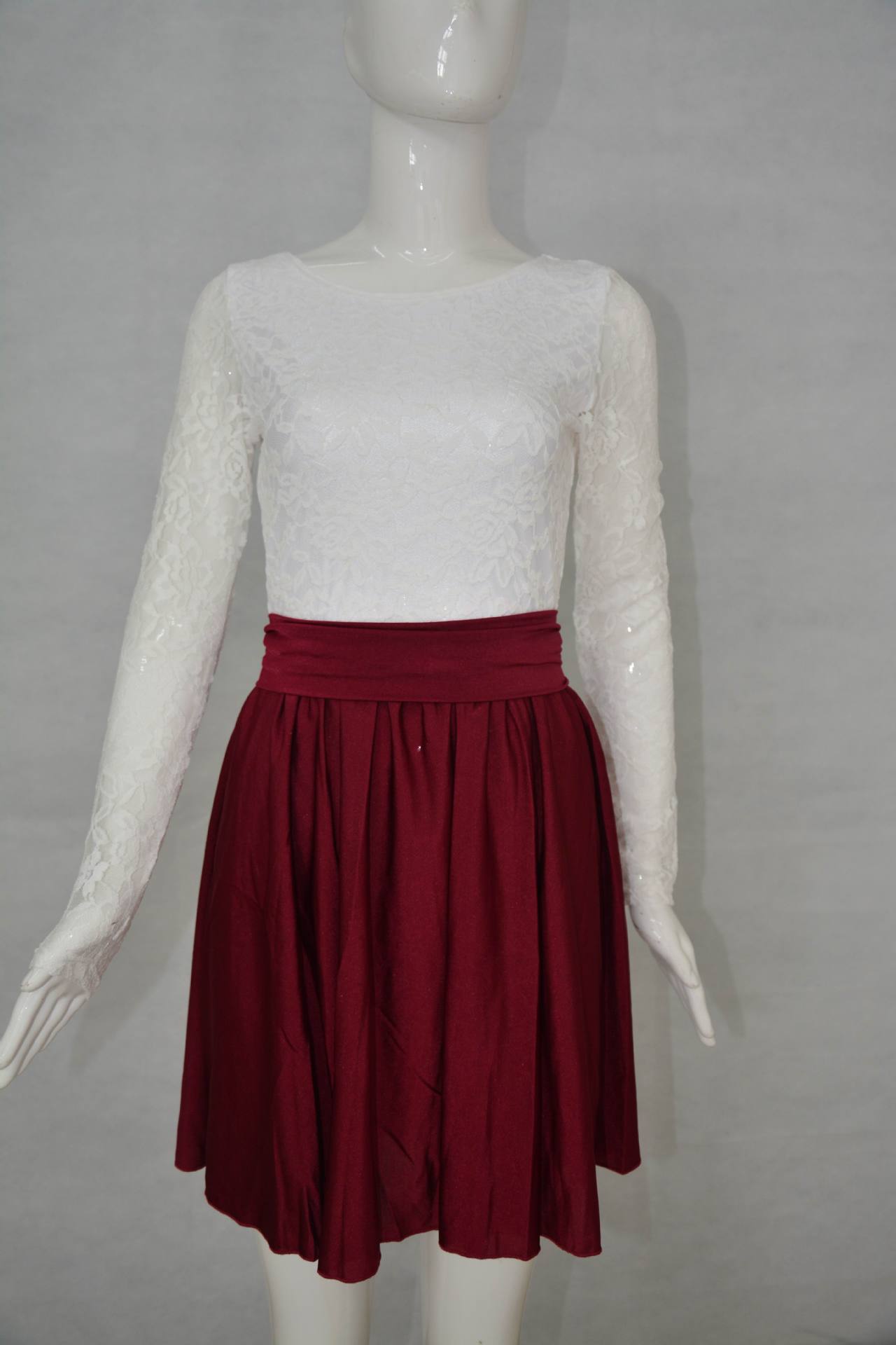Scoop Long Sleeves Lace Patchwork Flared Pleated Short Dress