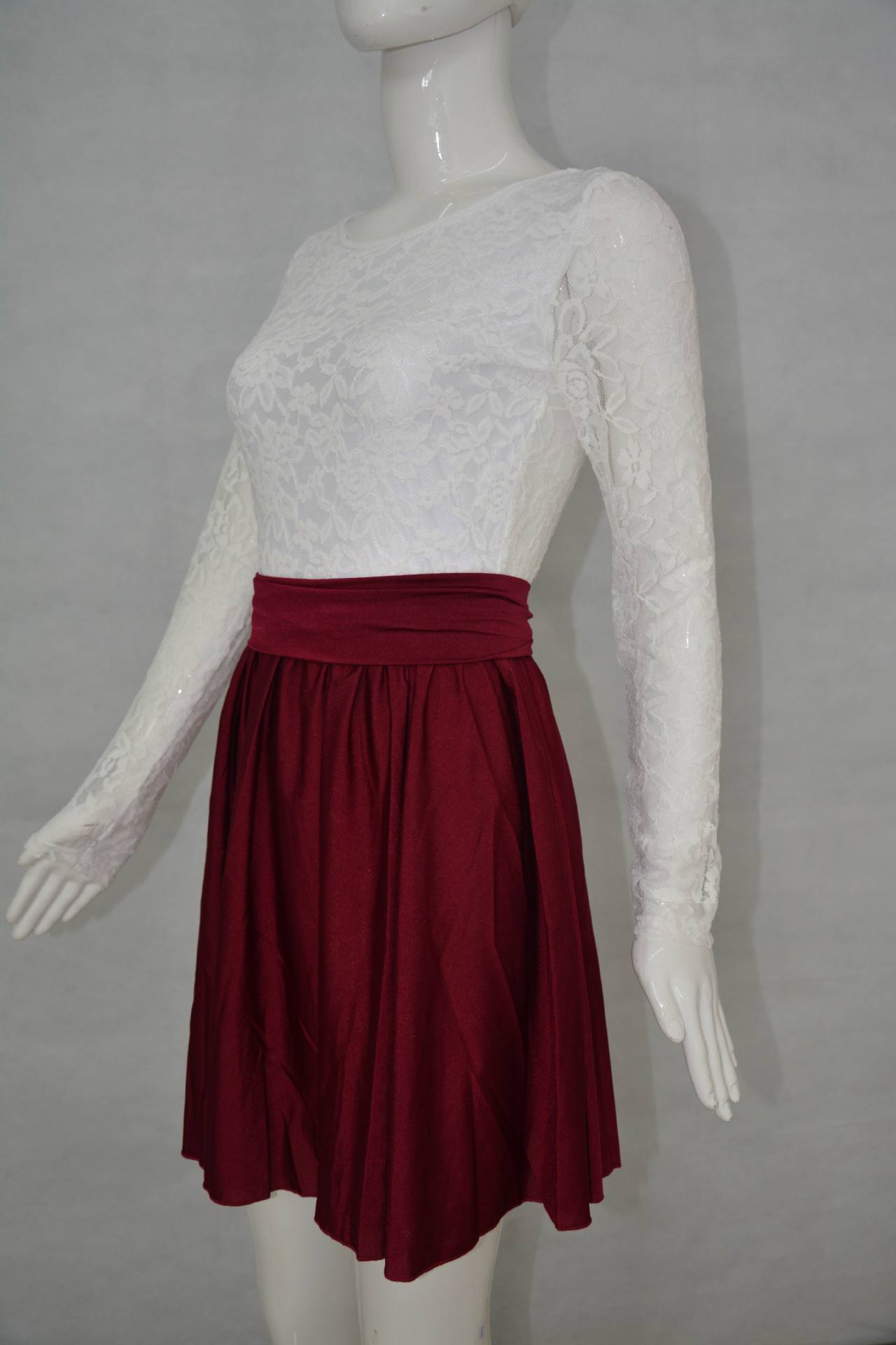 Scoop Long Sleeves Lace Patchwork Flared Pleated Short Dress