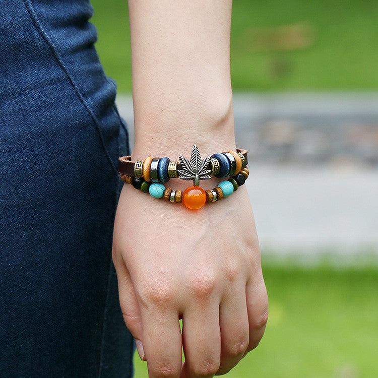 MAPLE LEAF BEADED LEATHER BRACELET