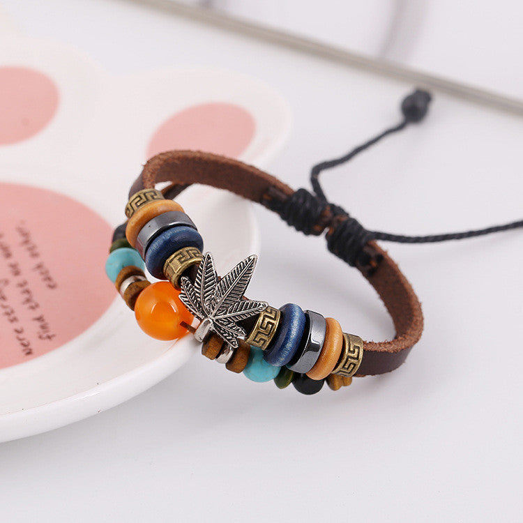 MAPLE LEAF BEADED LEATHER BRACELET