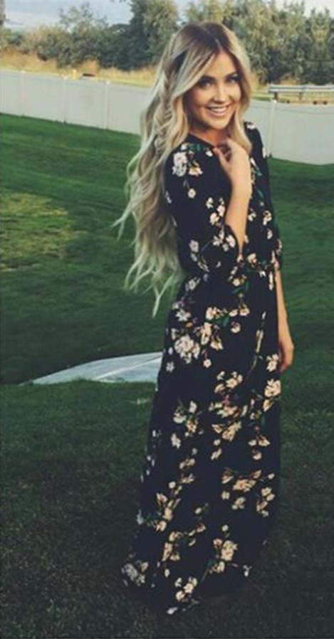 Floral O-neck Long Sleeve Long Dress