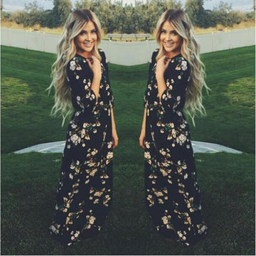 Floral O-neck Long Sleeve Long Dress