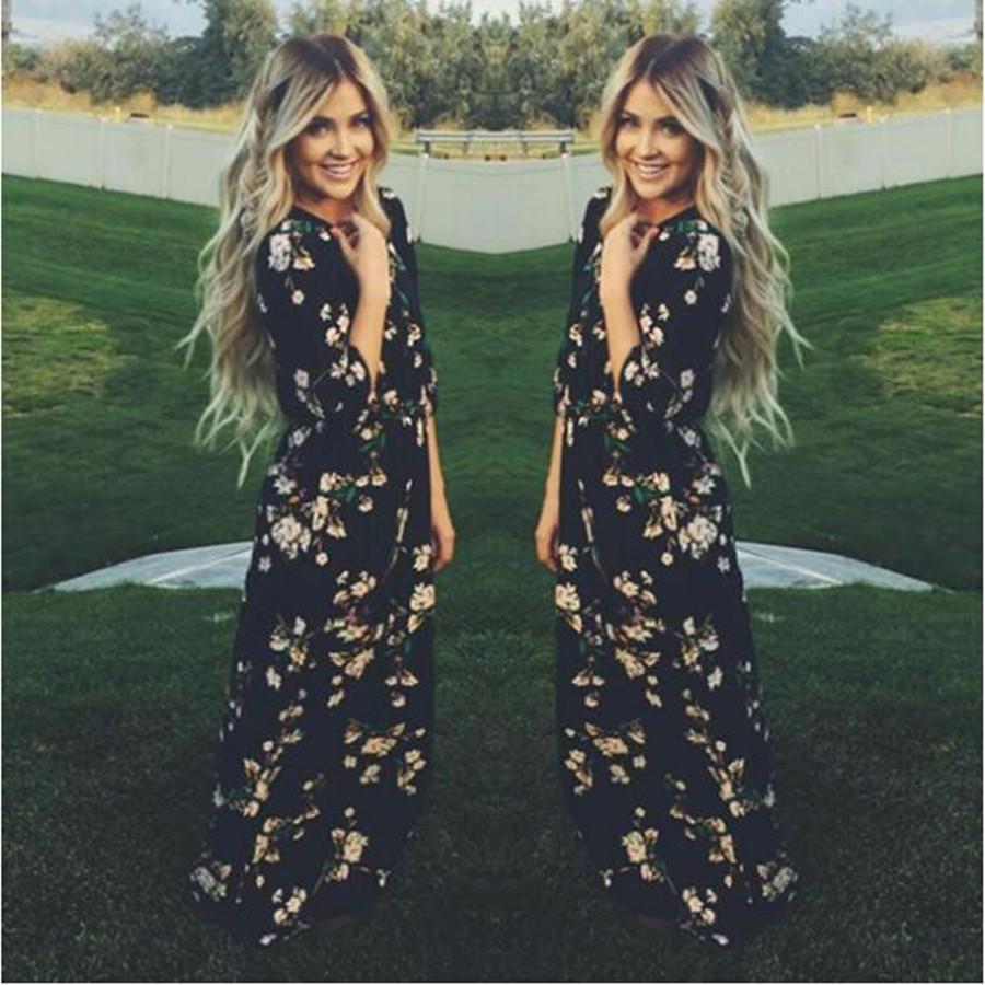 Floral O-neck Long Sleeve Long Dress