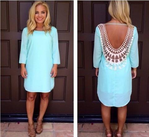Lace Hollow Out Long Sleeves Backless Loose Short Dress