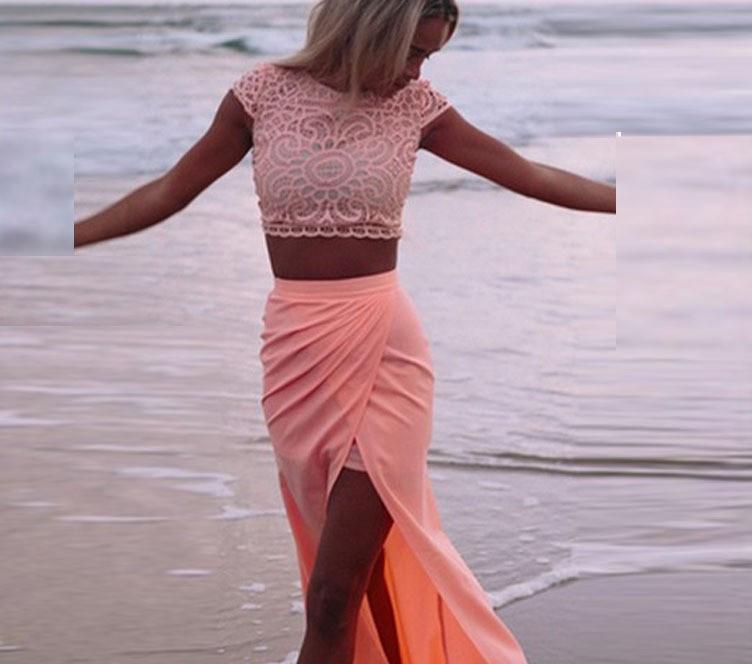 Scoop Lace Crop Top Split Long Skirt Dress Suit