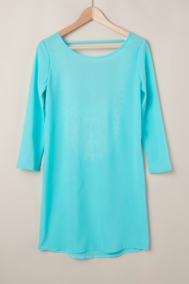 Lace Hollow Out Long Sleeves Backless Loose Short Dress