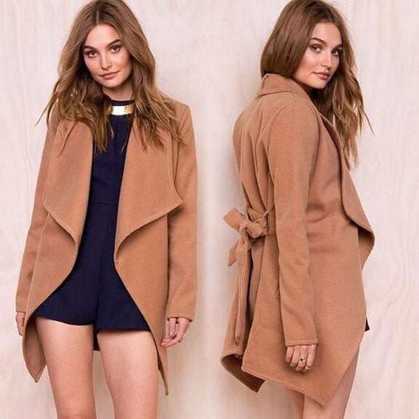 Khaki Long Sleeve Lapel Pockets Long Coat
