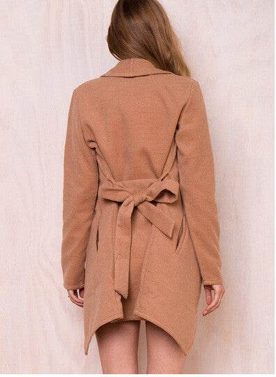 Khaki Long Sleeve Lapel Pockets Long Coat