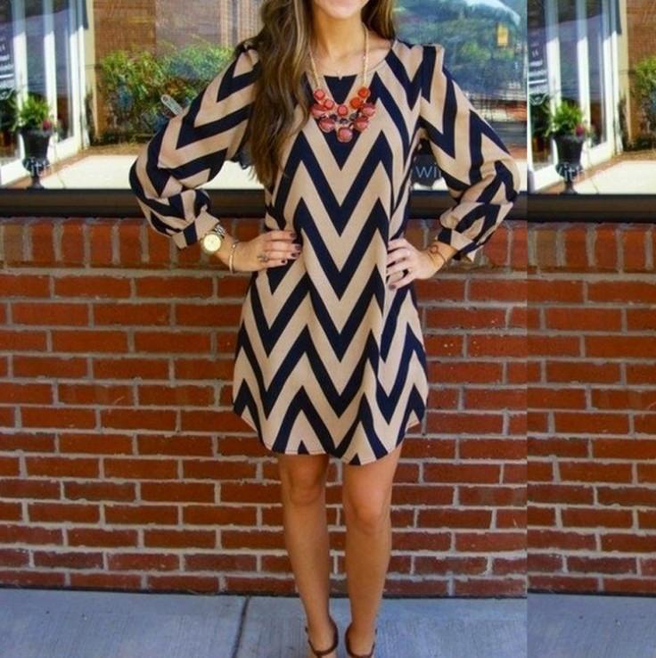 Stripe O-neck Long Sleeve Short Dress