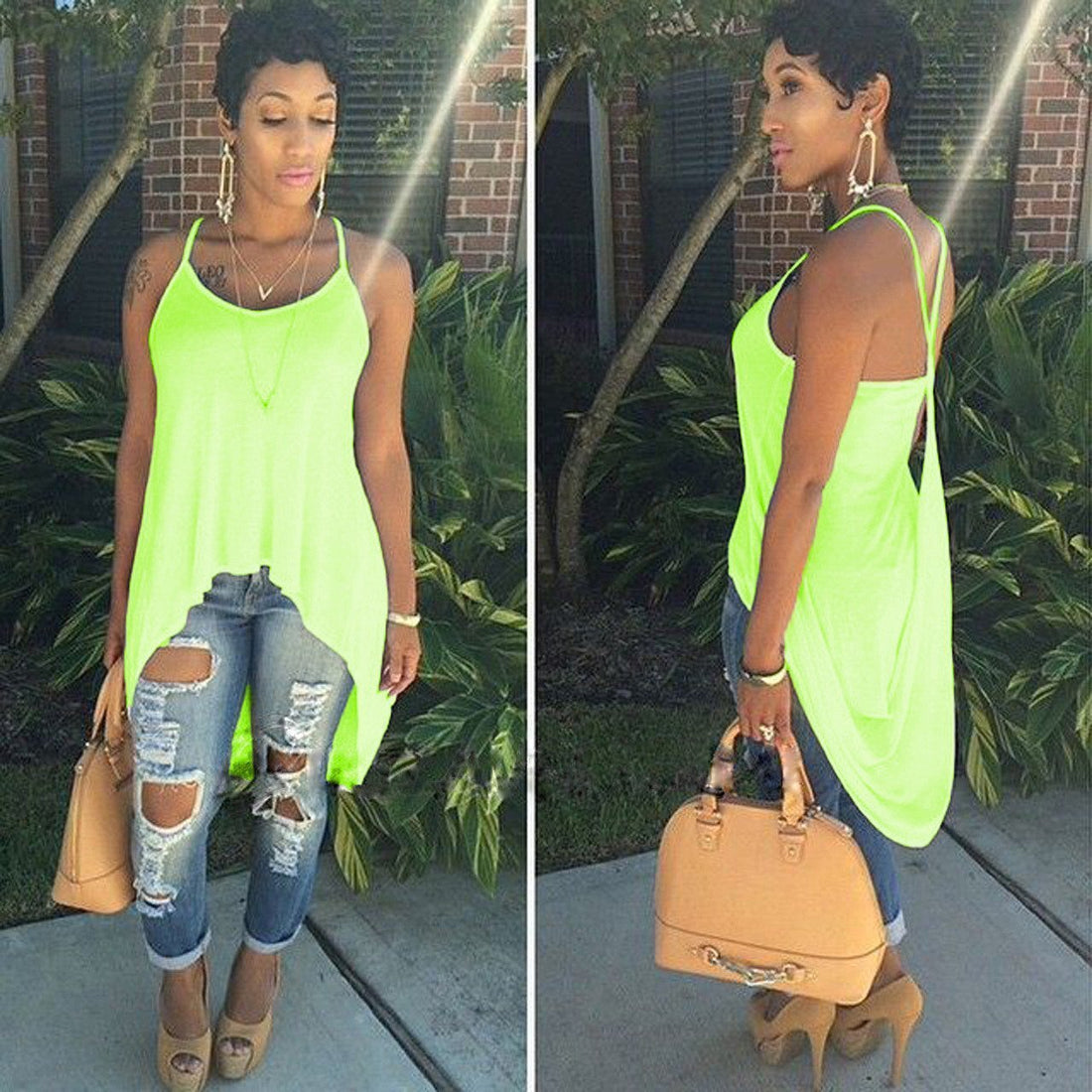 Scoop Spaghetti Strap Irregular Pure Color Blouse
