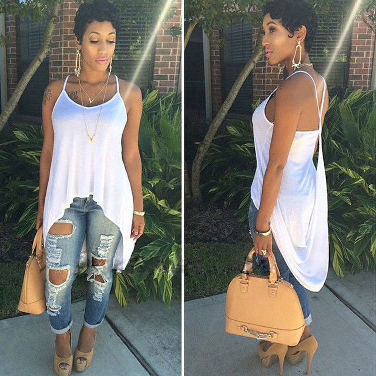 Scoop Spaghetti Strap Irregular Pure Color Blouse