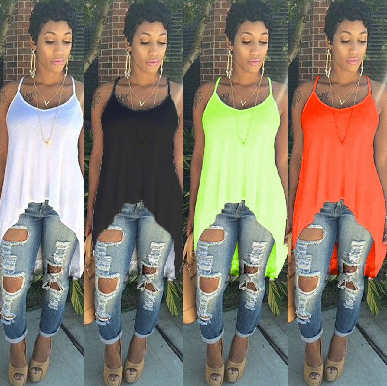 Scoop Spaghetti Strap Irregular Pure Color Blouse