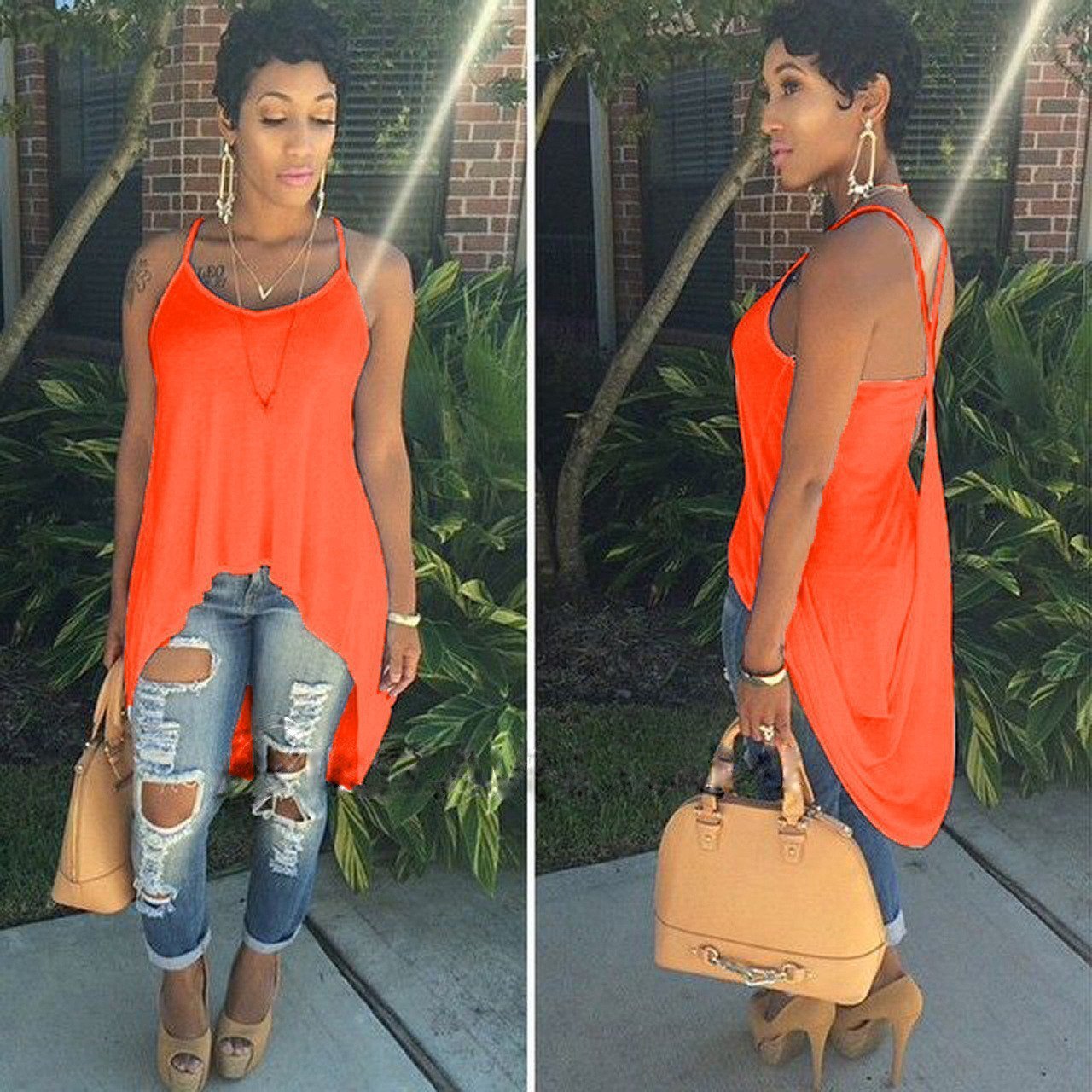 Scoop Spaghetti Strap Irregular Pure Color Blouse