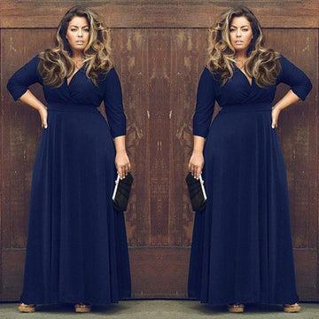 Plus Size V-neck Empire 3/4 Sleeves Party Long Dress