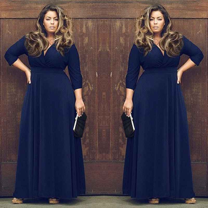 Plus Size V-neck Empire 3/4 Sleeves Party Long Dress