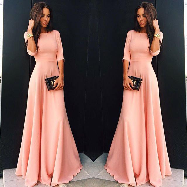 Slim Pure Color 3/4 Sleeves Pleated Long Maxi Dress