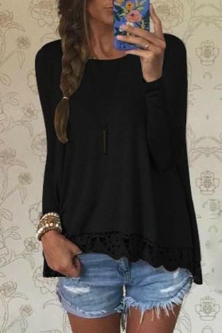 Lace Patchwork Long Sleeves Casual Loose Scoop T-shirt