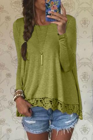 Lace Patchwork Long Sleeves Casual Loose Scoop T-shirt