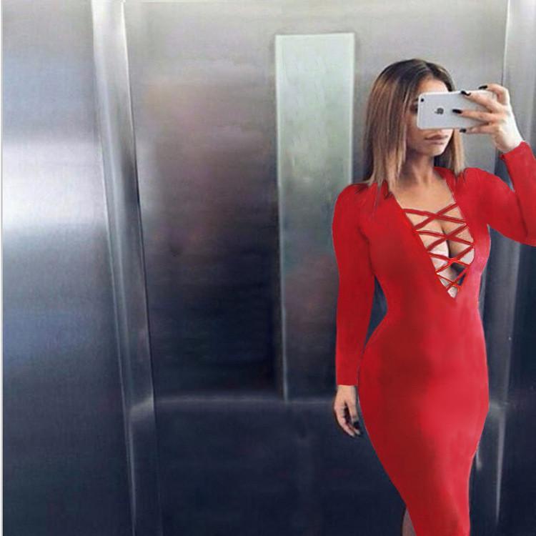 Cross Neck Bandage Bodycon Knee-length Club Dress