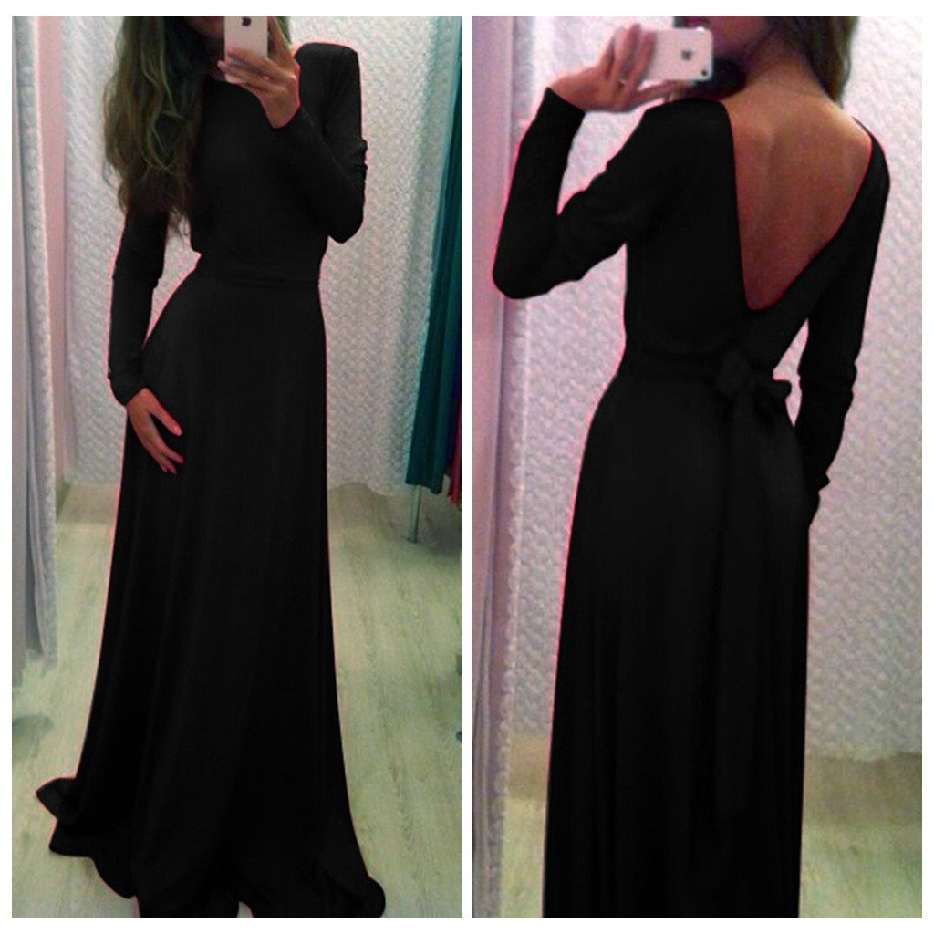 Long Sleeves Pure Color V-Back Backless Long Dress