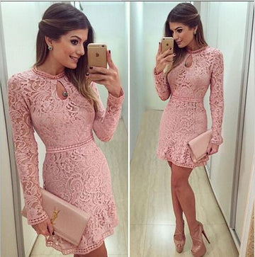 Lace Hollow Out Long Sleeves Mini Party Dress