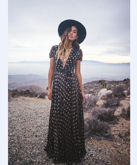 V-neck Flower Print High Waist Long Dress