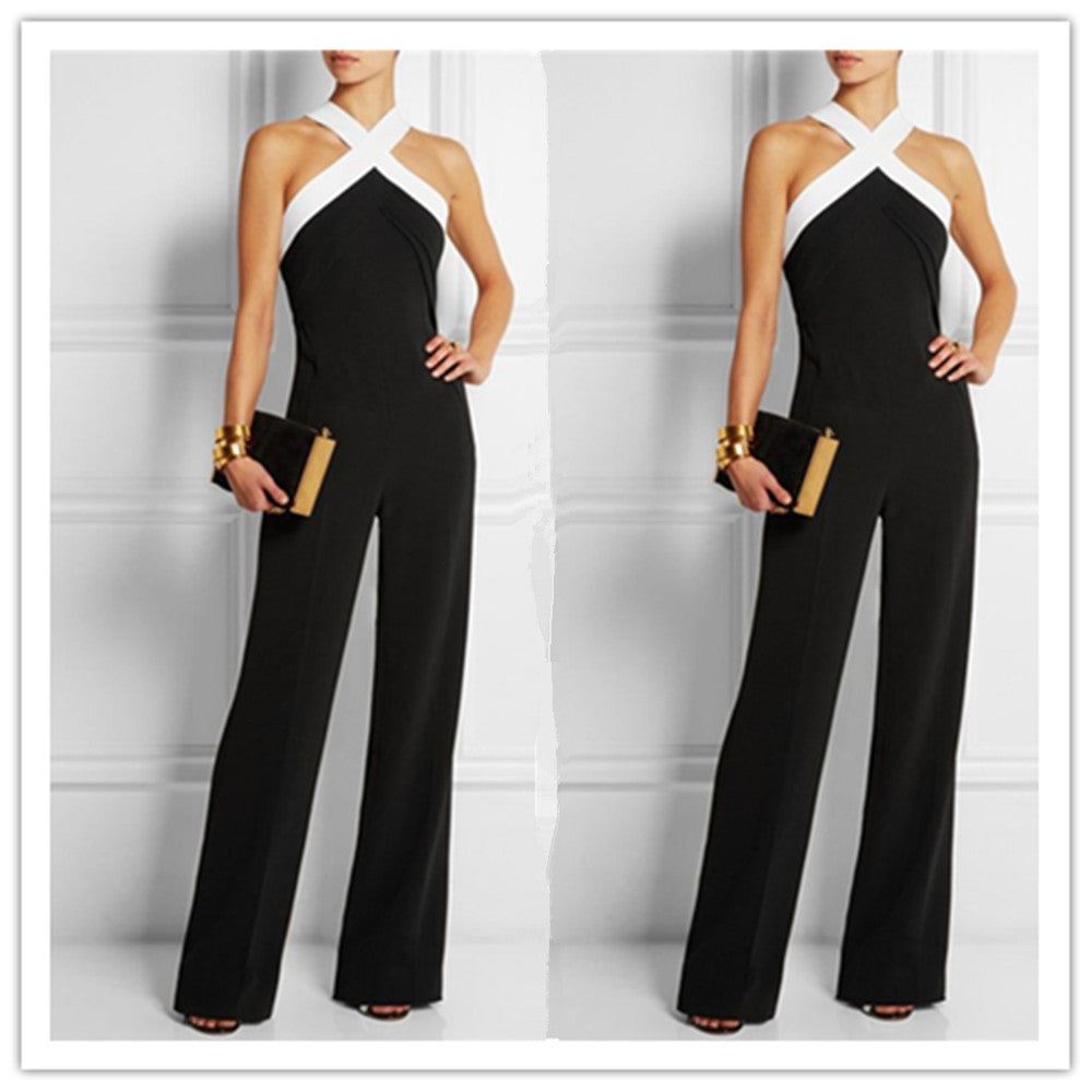 Elegant Patchwork Brief Halter Long Sleeveless Jumpsuits - May Your Fashion