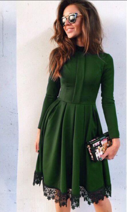 Scoop Long Sleeves Lace Patchwork Flared Pleated Knee-length Dress