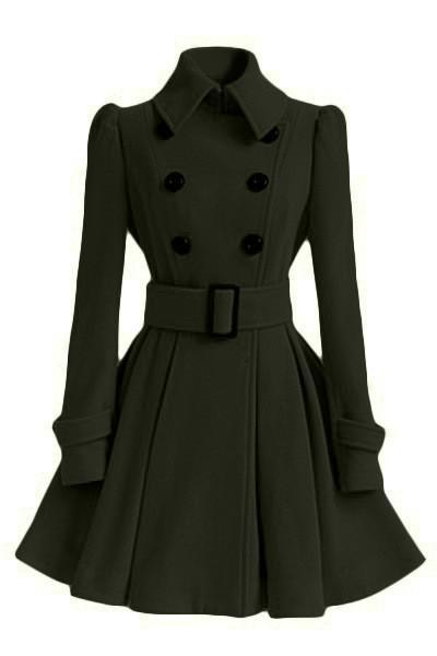 Flared Hem Turn-down Collar Slim Double Button Wool Coat With Belt on