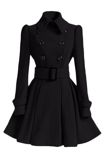 Flared Hem Turn-down Collar Slim Double Button Wool Coat With Belt on