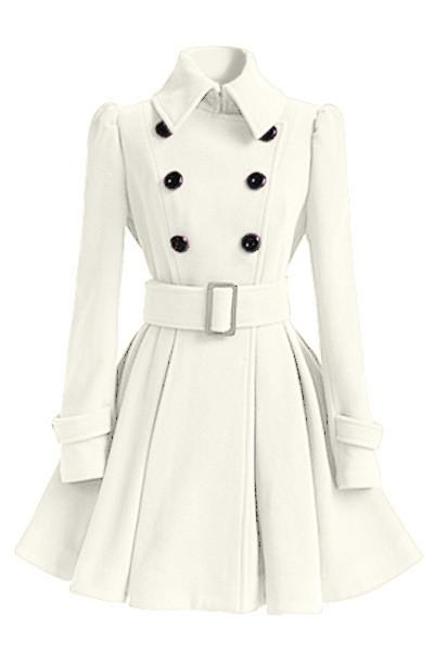 Flared Hem Turn-down Collar Slim Double Button Wool Coat With Belt on