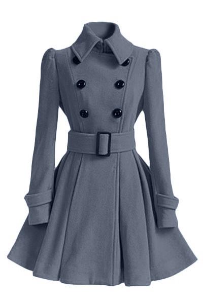 Flared Hem Turn-down Collar Slim Double Button Wool Coat With Belt on