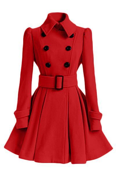Flared Hem Turn-down Collar Slim Double Button Wool Coat With Belt on