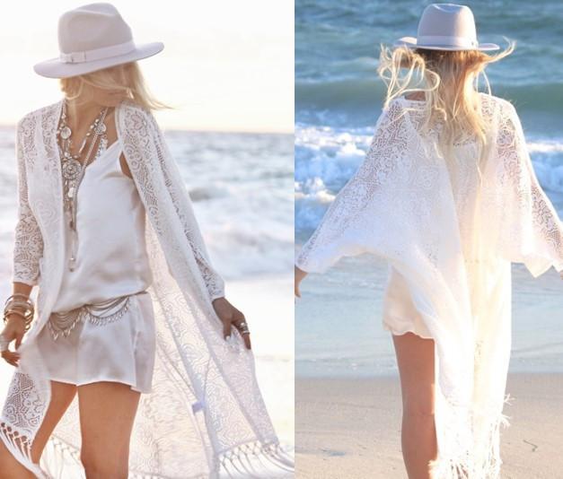 White Lace Tassels Long Cover Up Beach Cardigan Dress